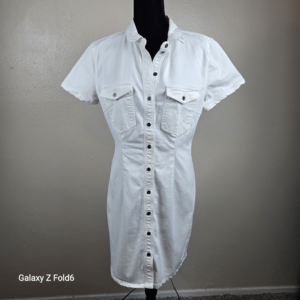 Noisy May White Button‎ Front Shirt Dress Short Sleeve Pocket Detail Large
